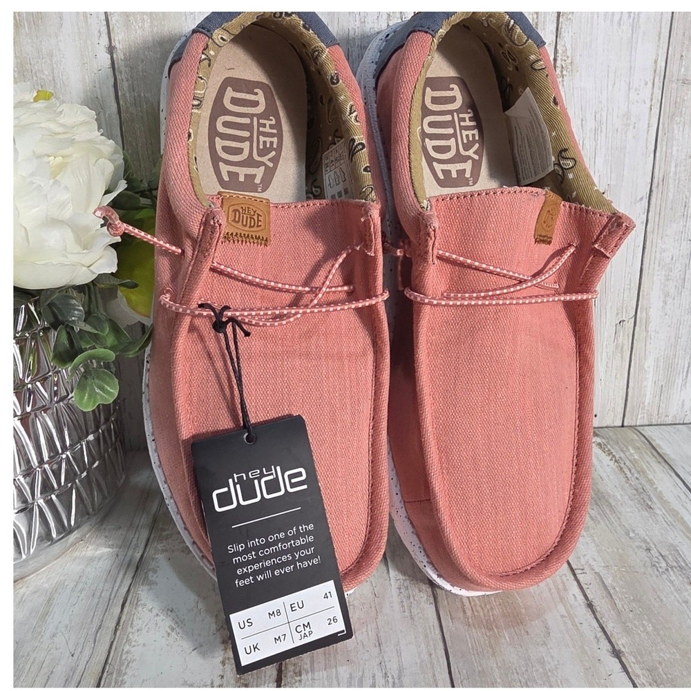 Hey Dude Wally Washed Canvas Mens Red Coral Loafers Shoes Size 8 NEW